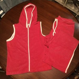 Y2K Terry Cloth Hooded Sleeveless Jacket and Wide Leg Pants set. PS Fuchsia
